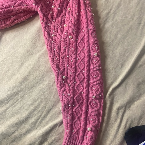 Something Navy Pink Cable Knit Sweater with Pearl Accents - Picture 8 of 9